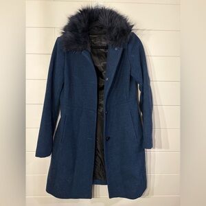 Banana Republic Dark Blue Trench Coat with Faux Fur Collar